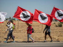 Three people walk in single file on the side of a road holding large red flags with a black bird inside a white circle.