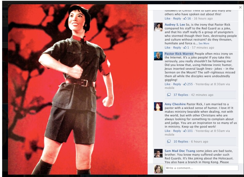 A post on Saddlebrook megachurch Pastor Rick Warren's Facebook page had the caption "The typical attitude of Saddleback Staff as they start work each day.” He later removed it with an apology, but not before upsetting some Asian-American evangelicals, because the image apparently depicts a woman dressed in the garb of Mao Zedong’s Red Guard.