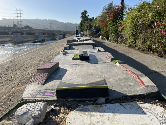 A view from one end of the L.A. River Fingerboard Skatepark.