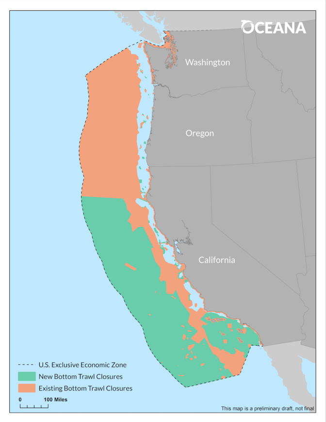 The Pacific Fishery Management Council voted to protect a huge swath of ocean off the California coast from bottom-trawl fishing on April 9, 2018. The new protected area is in green. Areas previously protected are in orange. 