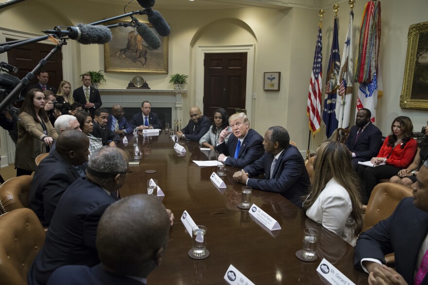 WASHINGTON, DC - FEBRUARY 1: (AFP OUT) President Donald Trump holds an African American History Month listening session in the Roosevelt Room of the White House on February 1, 2017 in Washington, DC. (Photo by Michael Reynolds - Pool/Getty Images)
