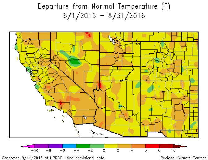 Deeper oranges and reds indicate abnormally hot areas, like Inland Southern California. The dark red blob at the corner of Kern, Ventura and Los Angeles Counties may be a reporting anomaly, however. 