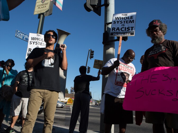 Protestors rally for Trayvon Martin at Leimert Park in Los Angeles, Calif. on July 15th, 2013.