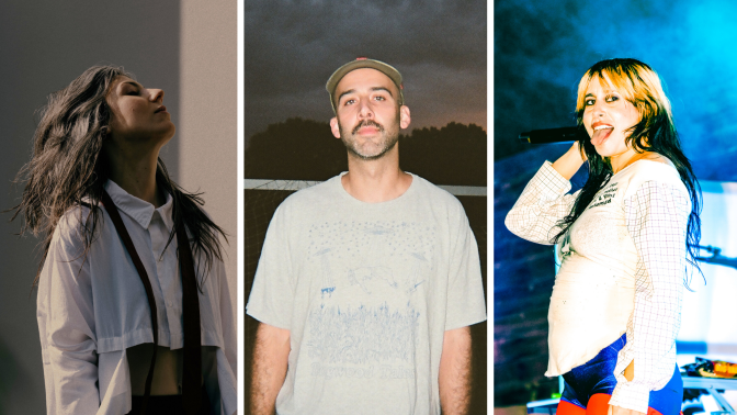 Three photos side by side. Left photo shows woman wearing long sleeved white collared shirt with her head thrown back hair blowing in the wind. Middle photos shows a bearded man wearing a white tshirt and baseball cap. Right photo shows a woman wearing a long sleeved white blouse and blue and red shorts. Her hair is blonde on top, black at the bottom and she is sticking her tongue out.