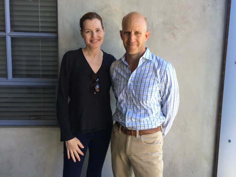 Geena Davis and The Frame host John Horn pose at NPR West after their interview. 