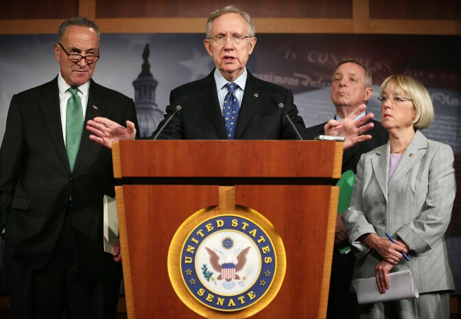 WASHINGTON, DC - JULY 26:  U.S. Senate Majority Leader U.S. Sen. Harry Reid (D-NV) (2nd L) speaks as (L-R) U.S. Sen. Charles Schumer (D-NY), Senate Majority Whip U.S. Sen. Richard Durbin (D-IL), and U.S. Sen. Patty Murray (D-WA) listen during a news conference July 26, 2012 on Capitol Hill in Washington, DC. Senate Democratic leaders called on the House to pick up the Senate-passed middle class tax cut bill.  (Photo by Alex Wong/Getty Images)