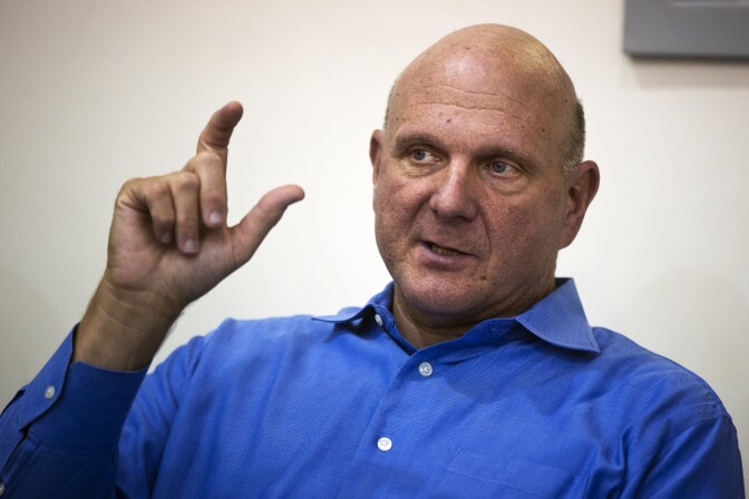 Los Angeles Clippers owner Steve Ballmer speaks with media at the Clippers' Training Center in Playa Vista, Calif. on Wednesday, Sept. 24.