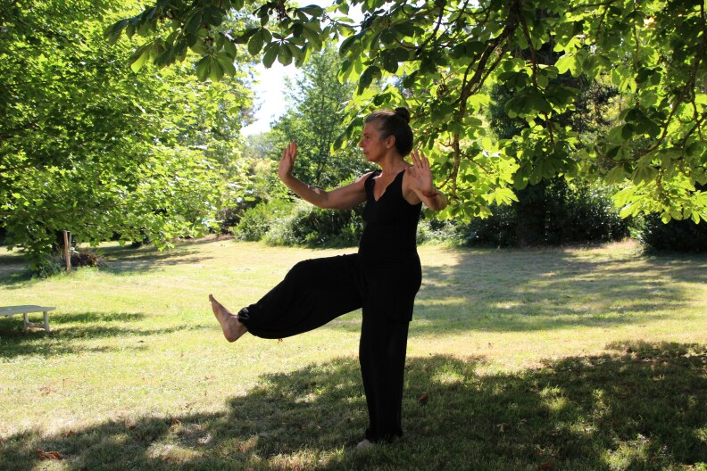 An older woman dressing in loose-fitting black clothing does Tai Chi in a park.