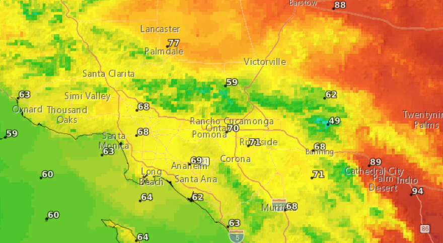 A geothermal map of SoCal in shades of orange, yellow and green with white numbers over different cities.