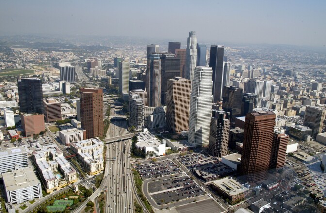 LOS ANGELES - MARCH 6:  Downtown Los Angeles is photographed March 6, 2003 in Los Angeles,  California.  (Photo by Frazer Harrison/Getty Images)