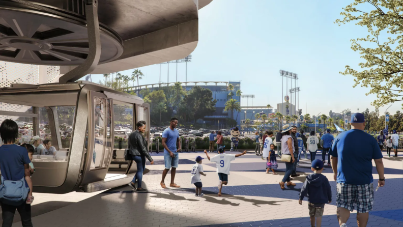 A digital rendering depicts peple in Dodger attire walking away from a gondola cabin and toward Dodger Stadium in the background.