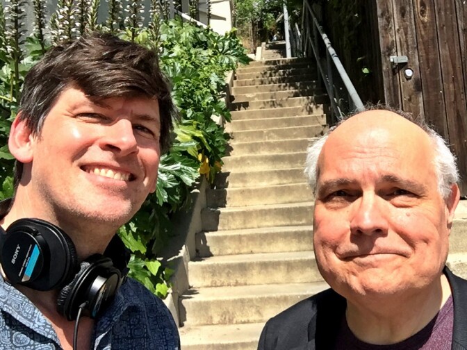 KPCC's John Rabe and actor/improvisor Mike McShane, at the famous Music Box Stairs in Silverlake, where Laurel and Hardy filmed their Oscar winning short in 1932.