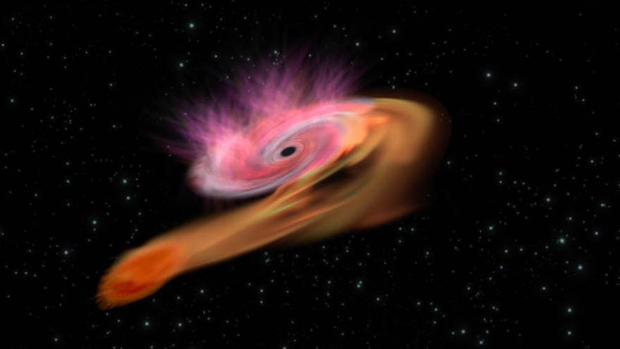 An illustration of a black hole made of orange, pink, and white swirling in deep space surrounded by stars.