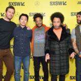 Actors Armie Hammer, Steven Yeun, and Jermaine Fowler, director and screenwriter Boots Riley, and actor Omari Hardwick attend the "Sorry to Bother You" premiere on March 11, 2018 in Austin, Texas.  