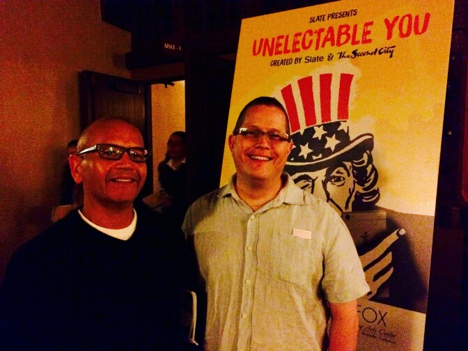 Riverside small business owner Jim Davidson and his husband, Michael, run the Riverside Rubber Stamp shop. Davidson says he was filled with “terror” to be called up on stage to run for office during the show.  But in the audience poll—he beat out both parties with 100% support.