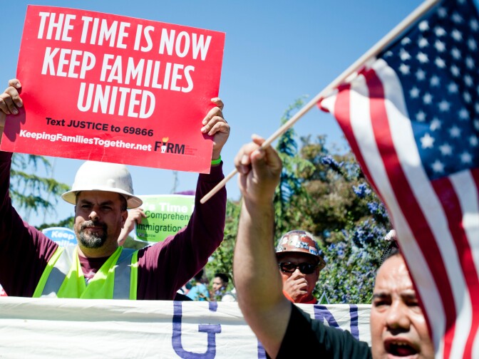 Alfredo Perez of Local 416, a concrete worker, participates in Wednesday's march. Hundreds of immigration reform supporters took part in a march on Wednesday to Senator Diane Feinstein's LA office. The march coincides with a immigration reform rally in Washington D.C.