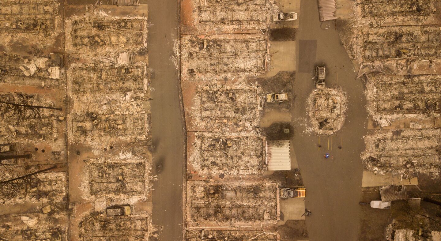In this aerial photo, a burned neighborhood is seen in Paradise, California, which was devastated by a massive fire in 2018.