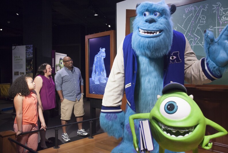 Visitors pose with Mike and Sulley and watch how Sulley’s rig moves as he walks.
