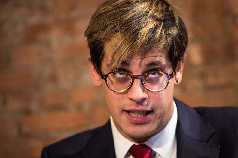 NEW YORK, NY - FEBRUARY 21: Milo Yiannopoulos speaks during a press conference, February 21, 2017 in New York City. After comments he made regarding pedophilia surfaced in an online video, Yiannopoulos resigned from his position at Brietbart News, was uninvited to speak at the Conservative Political Action Conference (CPAC) and lost a major book deal with Simon & Schuster. (Photo by Drew Angerer/Getty Images)