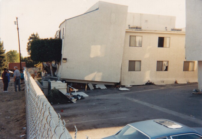 An apartment building in Reseda, CA in January of 1994 after the Northridge Earthquake.