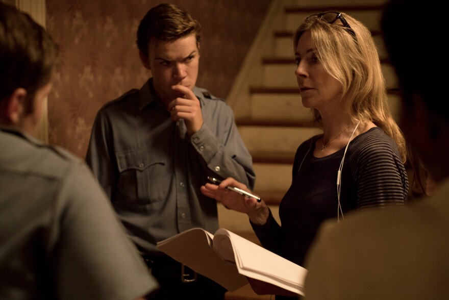 Will Poulter and director Kathryn Bigelow on the set of "Detroit."
