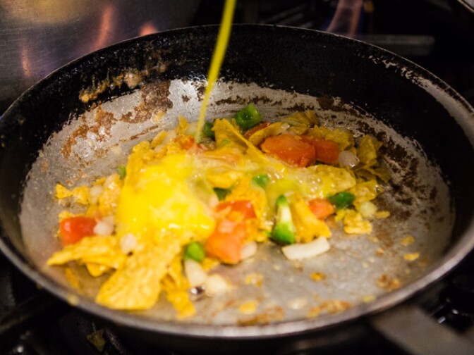 The makings of a migas taco at Joe's Bakery in Austin, Texas.