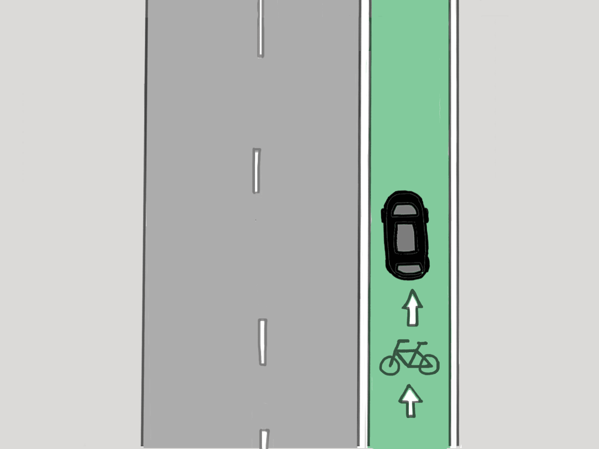A car is in the green lane on the right of the road. Words pop up that say "This is a bike lane. You can't park here." The car leaves the green lane and says "'K bye."
