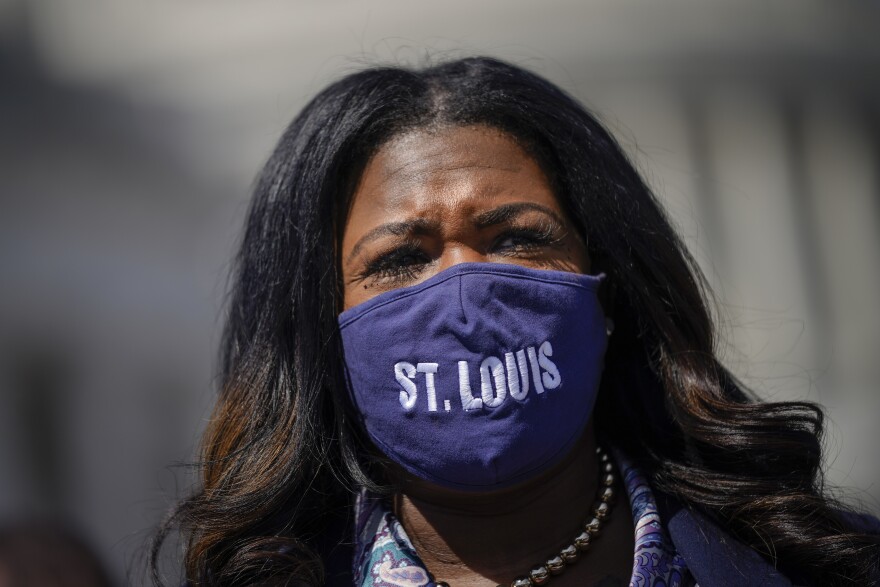Rep. Cori Bush, a Democrat from Missouri's 1st District, speaks during a news conference to discuss proposed housing legislation outside the U.S. Capitol on March 11 in Washington, D.C.