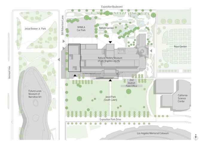 A site map of the Natural History Museum's plans for renovation to the south and west areas of its Exposition Park campus.