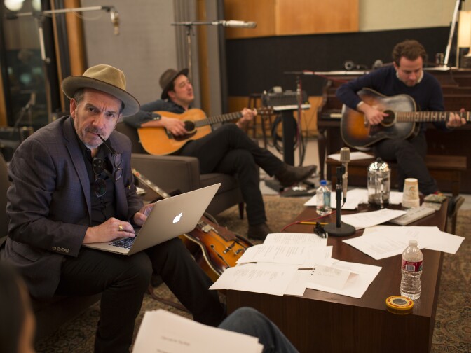 Elvis Costello, Marcus Mumford and Taylor Goldsmith in LOST SONGS: THE BASEMENT TAPES CONTINUED. Photo - Sam Jones/Courtesy of SHOWTIME
