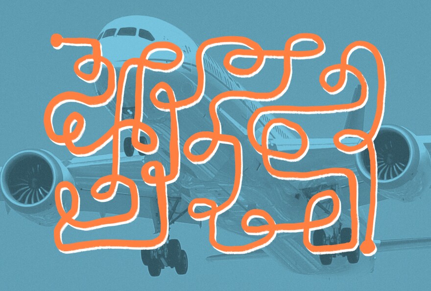 An illustration of an orange winding maze imposed on top of a blue airplane in the air.
