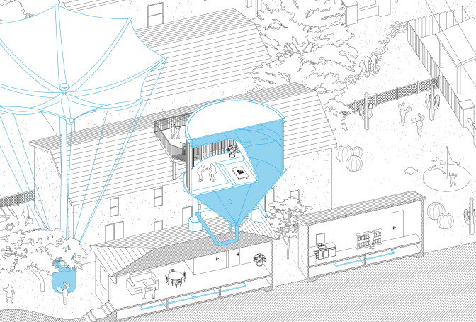 An architectural rending shows a home of the future retrofitted with a storm-water capture system and an on-site water tower. 