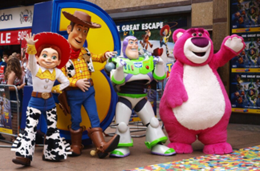 The four main characters (L-R), Jessie, Woody, Buzz, and the new one Lot's-O'-Huggin Bear arrive in London's Leicester Square on July 18, 2010 for the British Premiere of their Pixar/Disney film, Toy Story 3 in 3D.