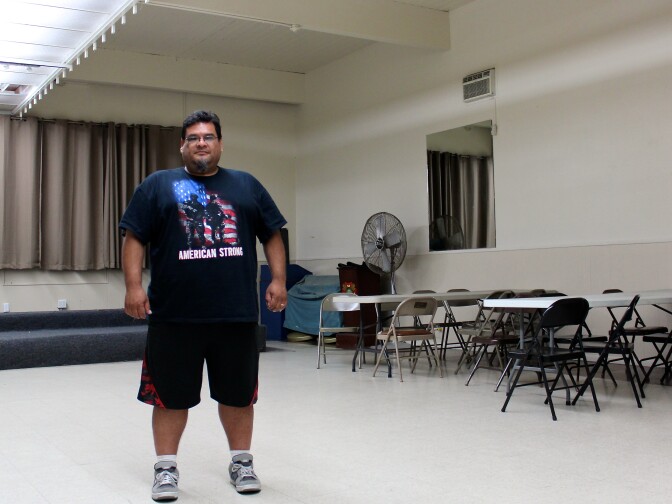 Gabriel Suarez, the commander of the American Legion Post in Monterey Park, stands in the hall members rent out for much-needed income. The post is trying to raise about $20,000 to fix the roof.