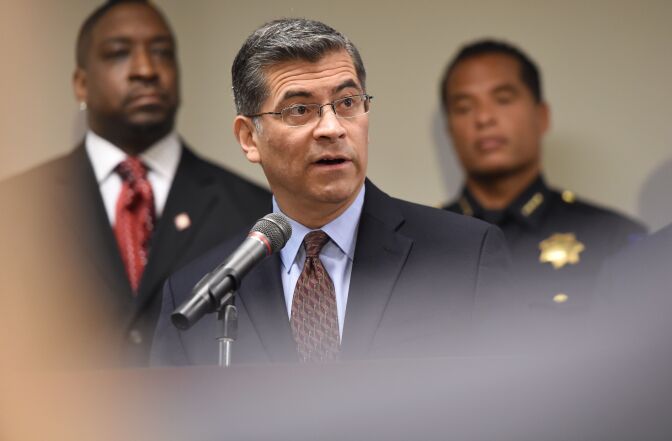 California Attorney General Xavier Becerra speaks to members of the media about the investigation of the shooting death of Stephon Clark in Sacramento, California on March 27, 2018.