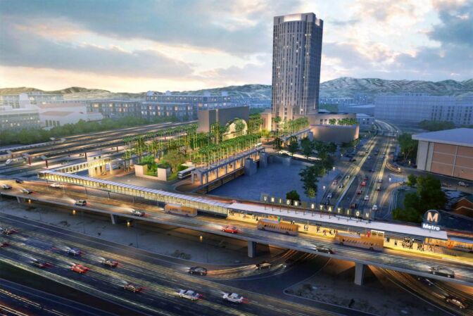 A rendering shows the covered bus platform for the Silver Line and a pedestrian bridge that will link the stop to the bus plaza on the east side of Union Station.