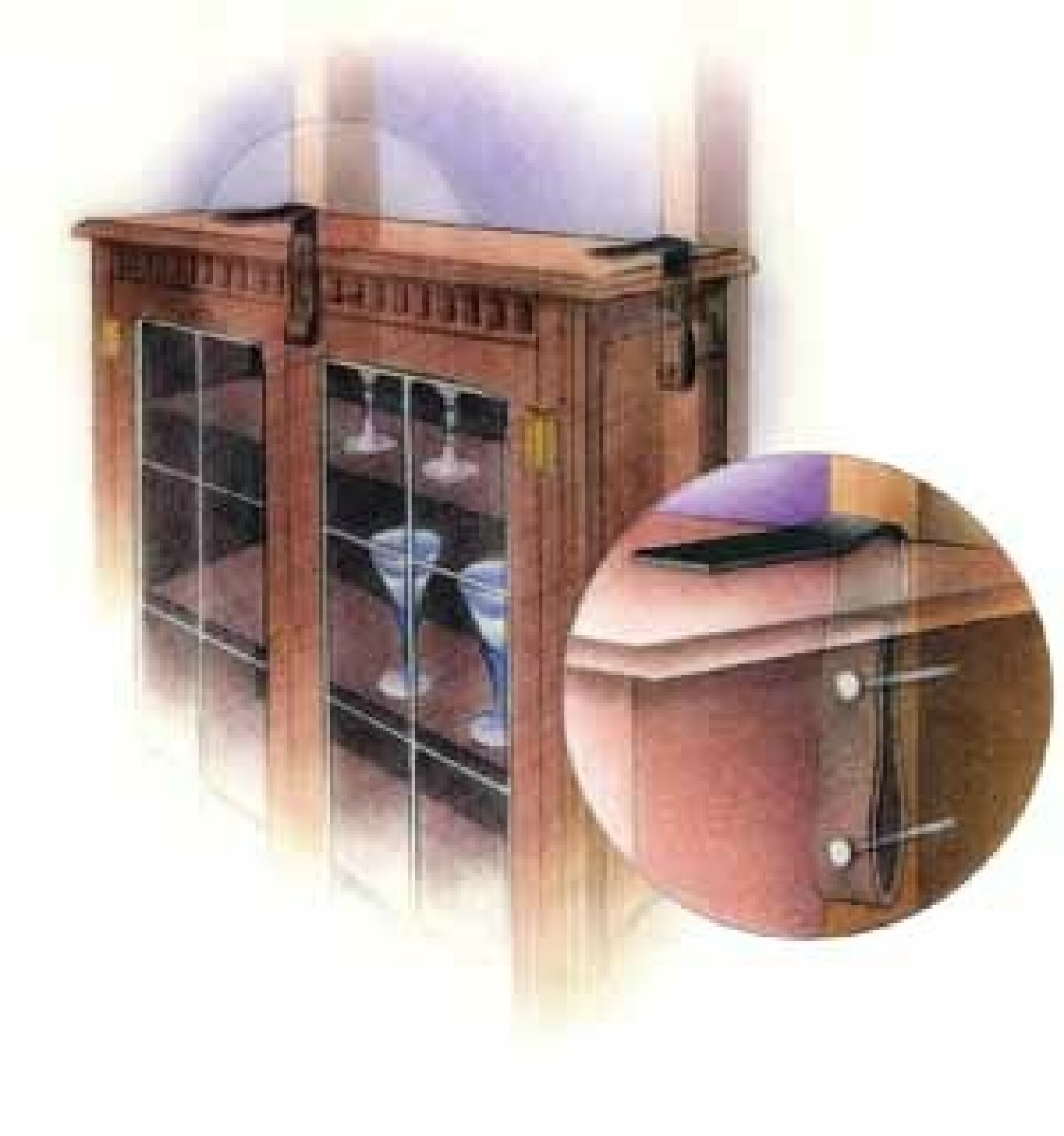 Illustration of china cabinet shows detail of a strap secured to the wall.