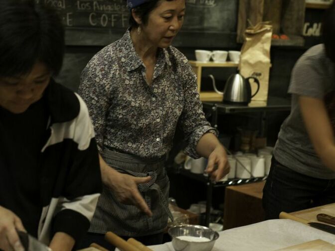 Food writer Sonoko Sakai teaches classes how to make the traditional soba noodles.