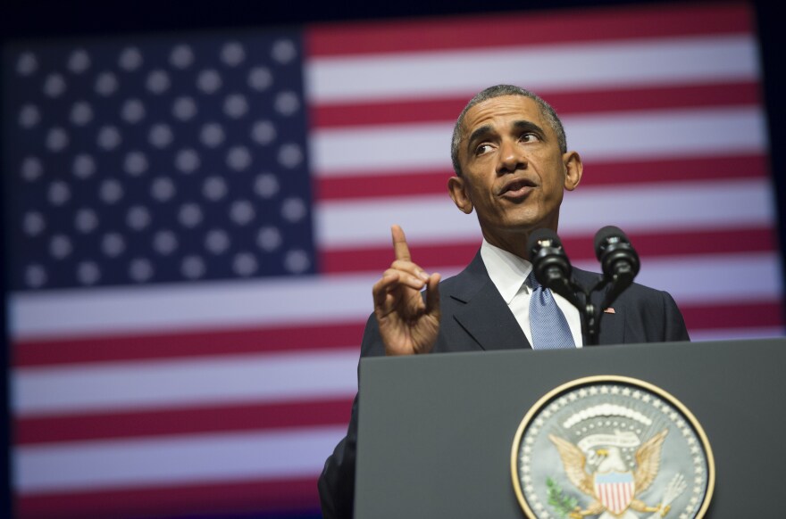 US President Barack Obama delivers a speech about US - Estonia relations, as well as the situation in Ukraine, at Nordea Concert Hall in Tallinn, Estonia, during his two-day visit,September 3, 2014.