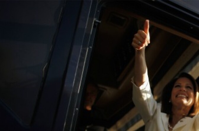 Republican presidential candidate Rep. Michele Bachmann (R-MN) give a thumbs-up to her supporters from her bus after winning the Iowa Straw Poll outside the Hilton Coliseum at Iowa State University August 13, 2011 in Ames, Iowa.