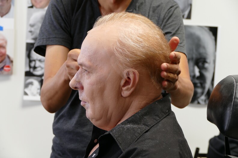 Make up artist Kazuhiro Tsuji works on Gary Oldman's prosthetics on the set of director Joe Wright's DARKEST HOUR, a Focus Features release