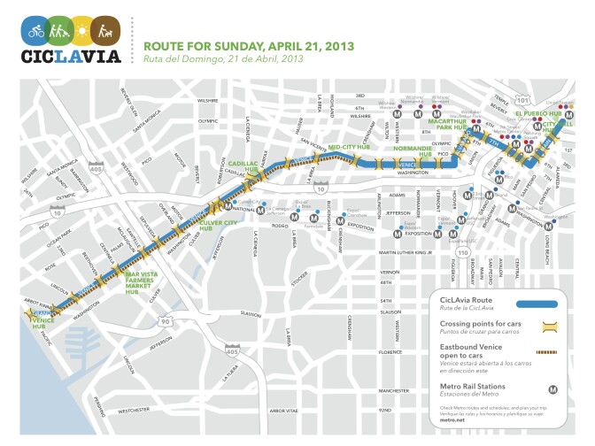 April's CicLAvia to the Sea route goes along Venice Blvd. from the beach, up to MacArthur Park and down east to downtown and Union Station.