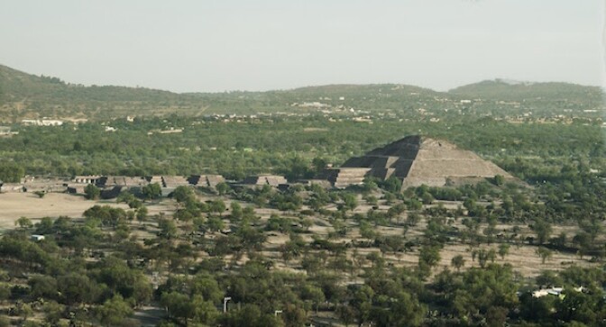 Aerial view of Moon Pyramid, Teotihuacan, Mexico.