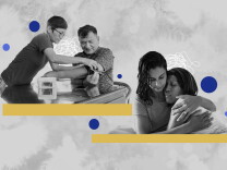 Black and white photos show a woman taking a man's blood pressure, and two women in an embrace. 