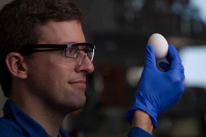 Chemistry major Stephan Kudlacek and professor Greg Weiss have developed a way of unboiling a hen egg.

Steve Zylius/UC Irvine Communications