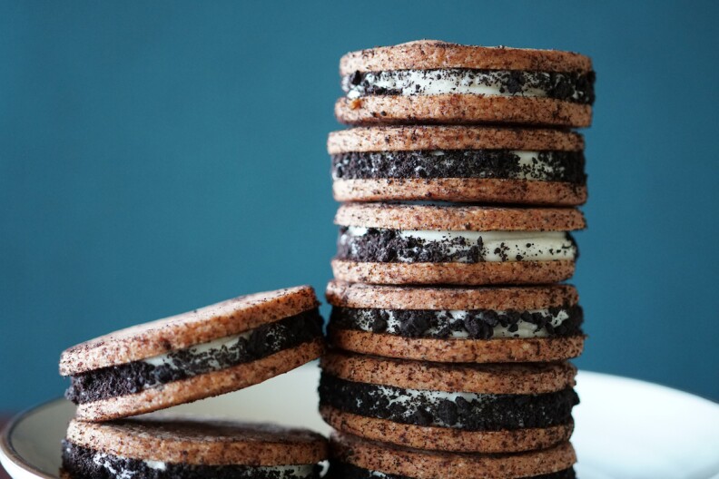 Rustic Canyon's Beets & Berries Oreos - five stacked on top of one another and one cookie leaning on its side.