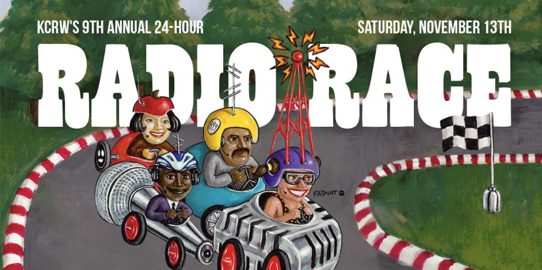 A drawing of 4 people wearing helmets and driving mini race cars around a track