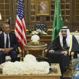 Saudi's newly appointed King Salman (R) meets with US President Barack Obama at Erga Palace in Riyadh on January 27, 2015. Obama landed in Saudi Arabia with his wife First Lady Michelle Obama to shore up ties with King Salman and offer condolences after the death of his predecessor Abdullah. AFP PHOTO / SAUL LOEB        (Photo credit should read SAUL LOEB/AFP/Getty Images)