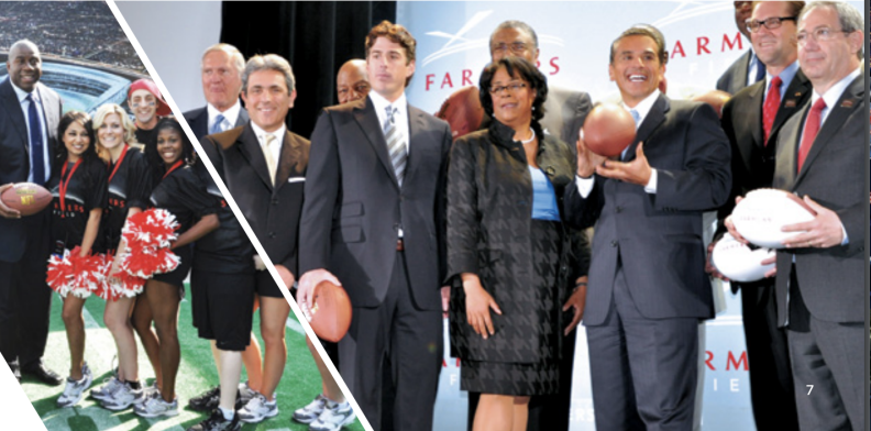 A photo montage shows Magic Johnson posing with cheerleaders holding red and white pom-poms, whilte next to it shows men and women in suits holding footballs. Former Mayor Antonio Villaraigosa and former Council member Jan Perry are at the center.