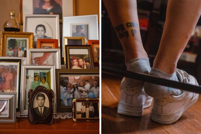 Photographs displayed inside of Antonio Salazar's home. Citaly's   tattoo reads, "They come, they go."